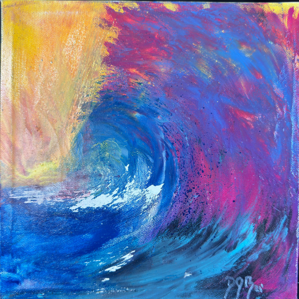 Abstract acrylic painting featuring fluid-like movements with vibrant purples, reds, oranges, and deep blues against a lighter background.