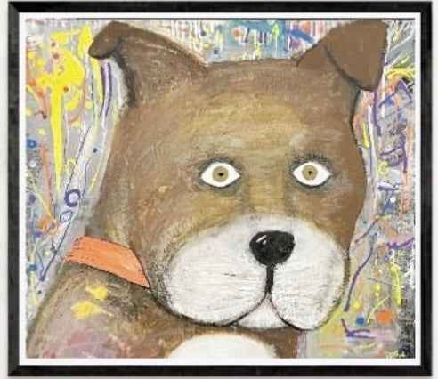 Surprised pup in abstract world